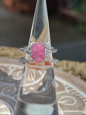 Pink Druzy Silver Ring with Pavé Accents